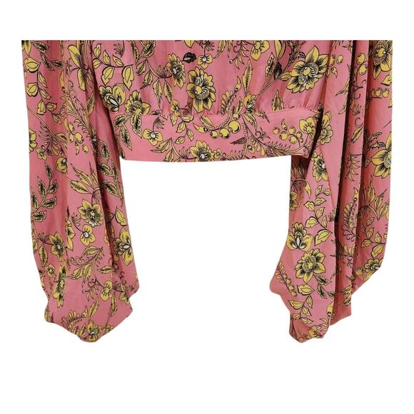 Signature8 Crop Top Blouse Balloon Sleeves Plunge Neck Pink Floral Button Small - Picture 6 of 12